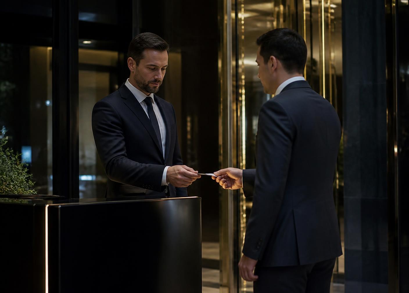 Security professional verifying guest credentials at a corporate entrance