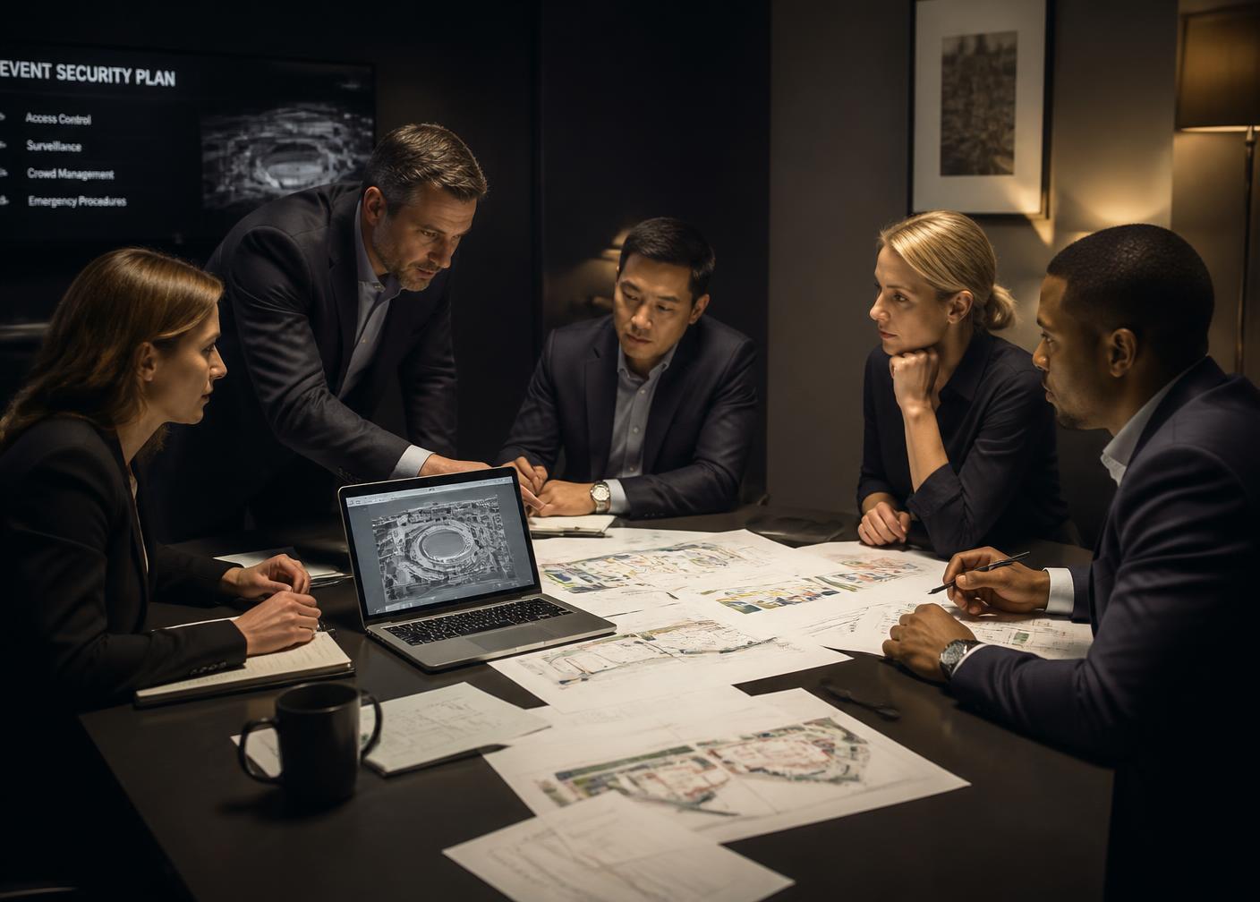 Security leadership team reviewing venue diagrams and an event security plan